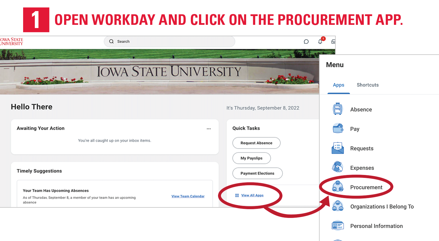 1. Open Workday and click on the Procurement App.