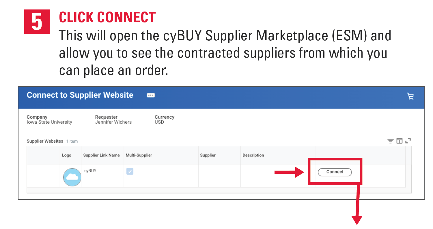 5. Click Connect. This will open the cyBUY Supplier Marketplace (ESM) and allow you to see the contracted suppliers from which you can place an order.