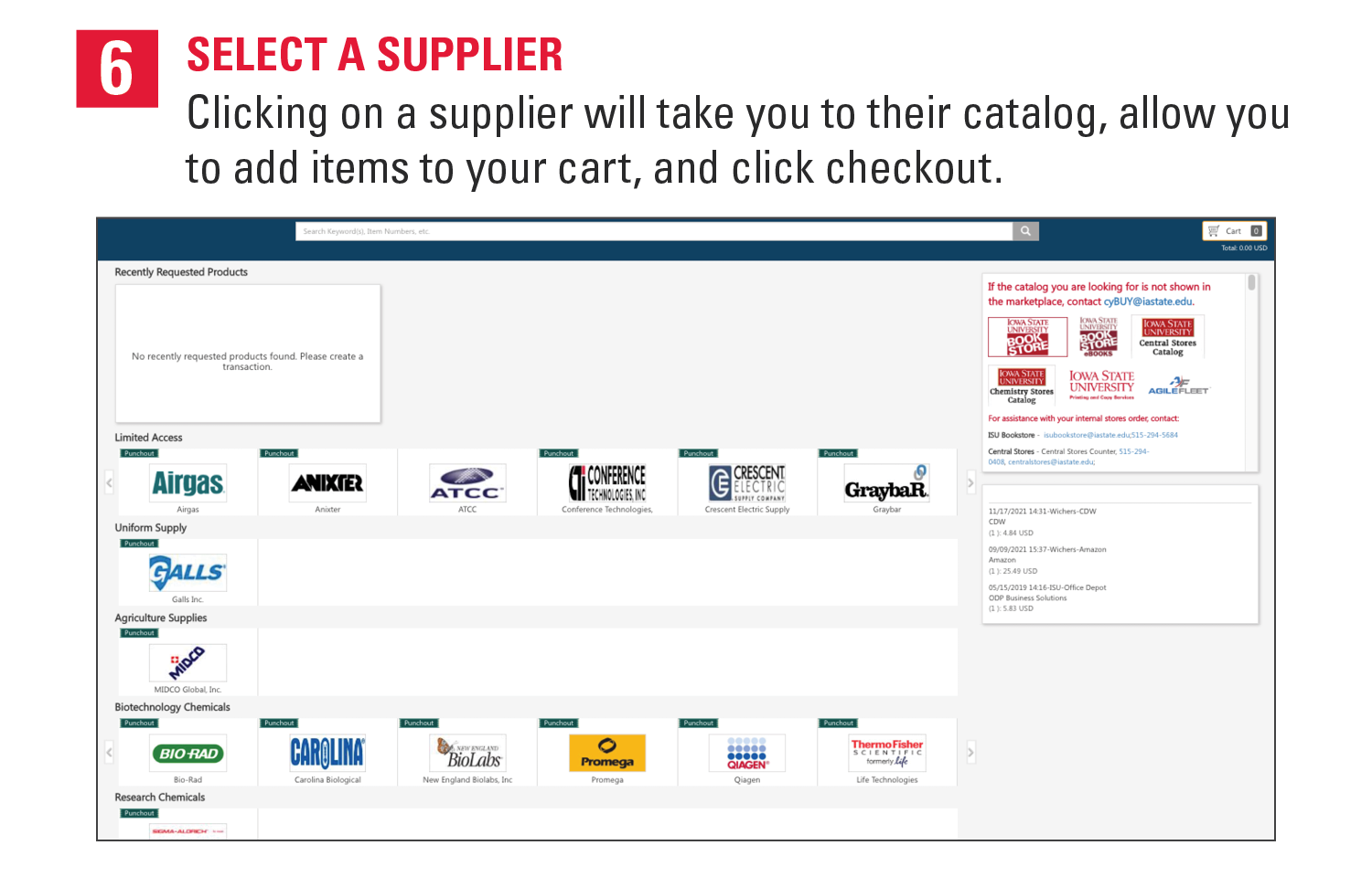 6. Select a supplier. Clicking on a supplier will take you to their catalog, allow you to add items to your cart, and click checkout.